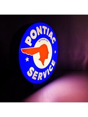 Vintage Style Pontiac Service LED Light Box - 8" Round USB Powered Signwith Dimm